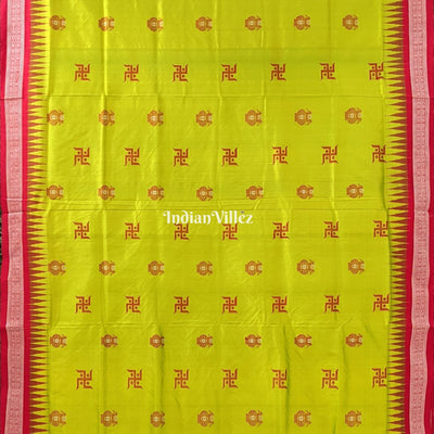 Lime Green & Red Swastik & Kumbha Design Sambalpuri Saree