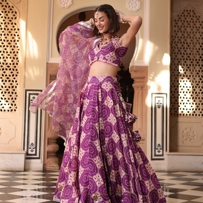 Lavender Printed Satin Lehenga Set