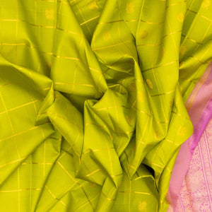 Light Green Handloom Kanchipuram Silk Saree With Checks & Buttas