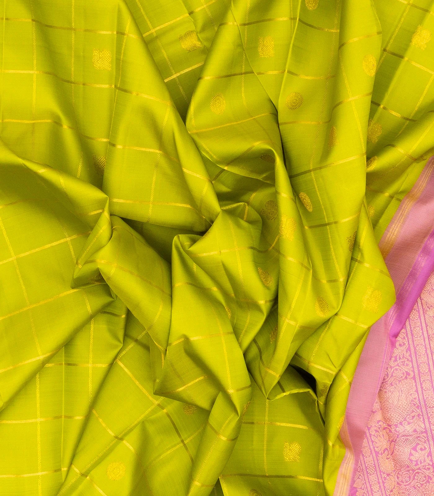 Light Green Handloom Kanchipuram Silk Saree With Checks & Buttas