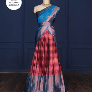 Maroon banaras half-saree with zari buttas, contrast zari butta blouse, big traditional zari border & intricate dhavani