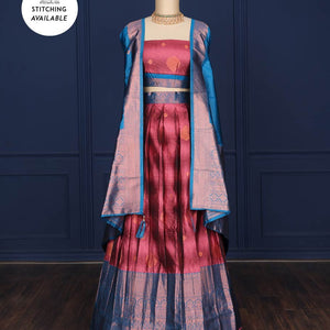 Maroon banaras half-saree with zari buttas, contrast zari butta blouse, big traditional zari border & intricate dhavani