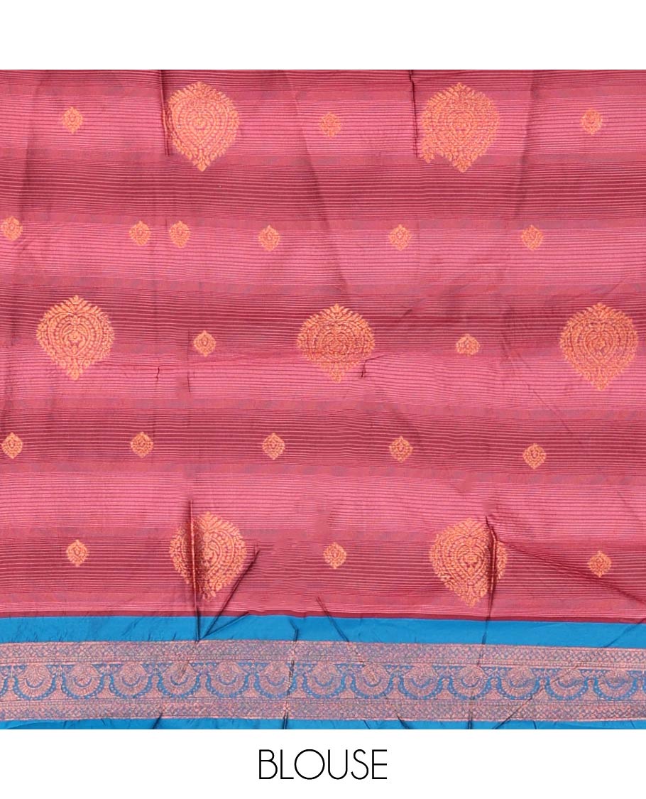 Maroon banaras half-saree with zari buttas, contrast zari butta blouse, big traditional zari border & intricate dhavani