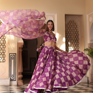 Lavender Printed Satin Lehenga Set