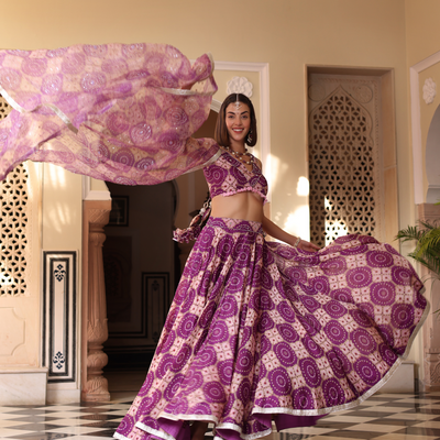 Lavender Printed Satin Lehenga Set