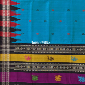 Sea Blue Double Pallu Berhampuri Silk Saree with Flower Motif