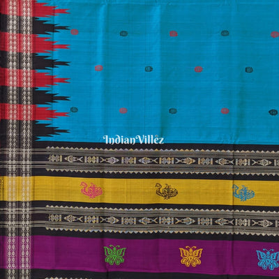 Sea Blue Double Pallu Berhampuri Silk Saree with Flower Motif