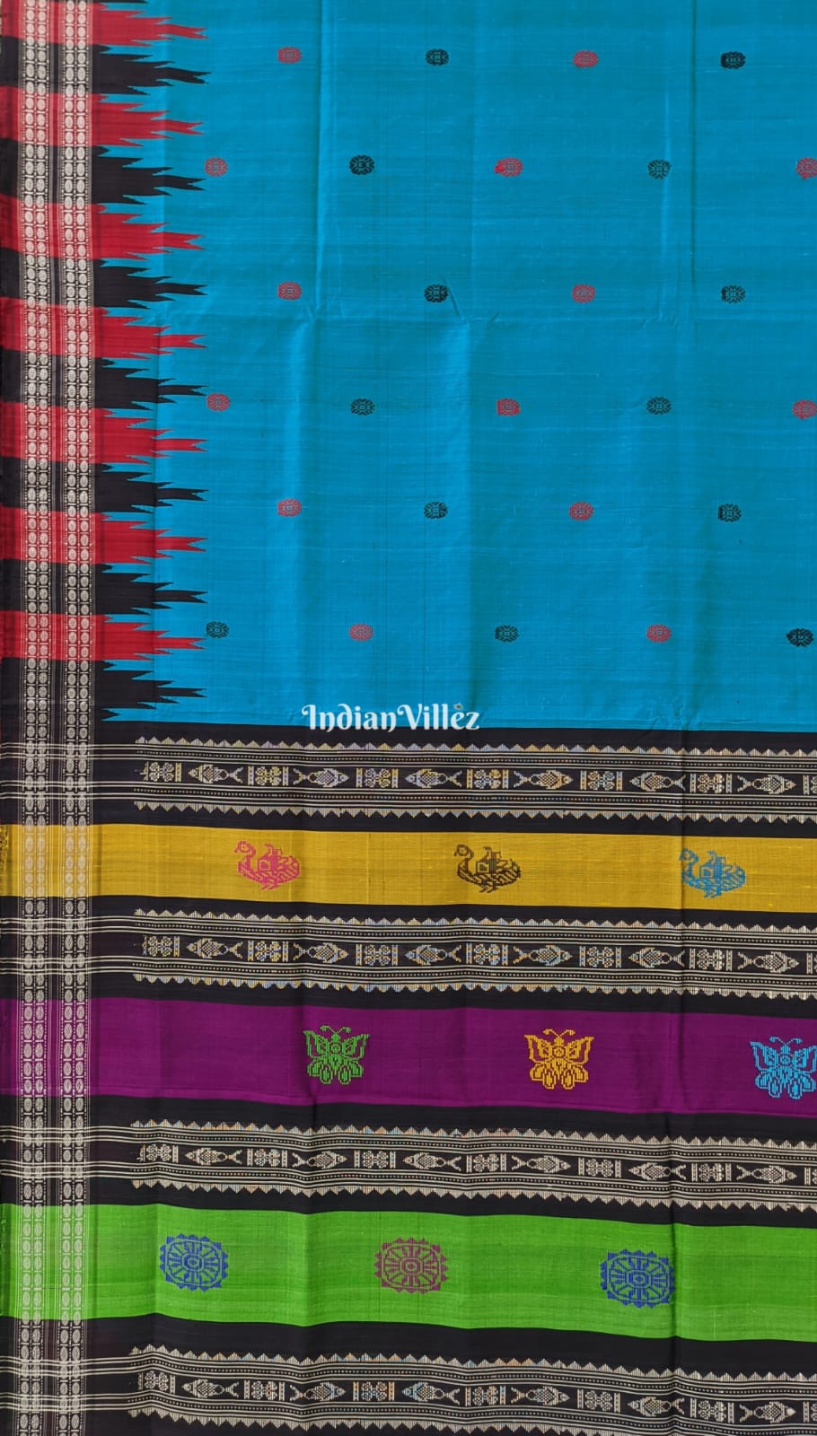 Sea Blue Double Pallu Berhampuri Silk Saree with Flower Motif