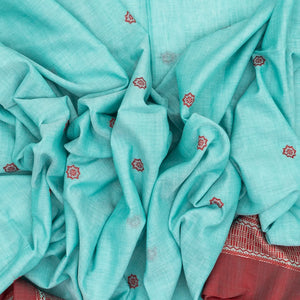 Light Blue Handloom Bengal Cotton Saree With Floral Buttas