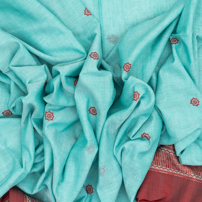 Light Blue Handloom Bengal Cotton Saree With Floral Buttas