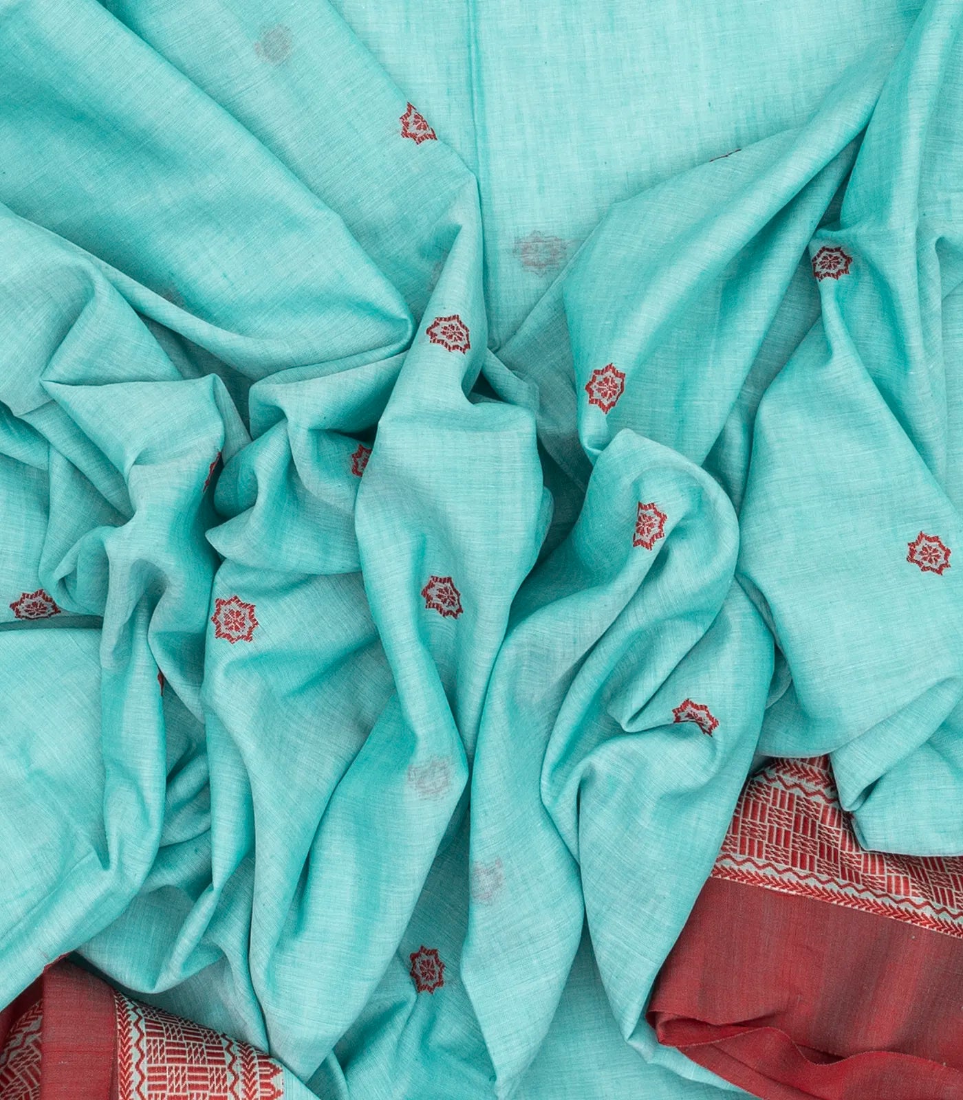 Light Blue Handloom Bengal Cotton Saree With Floral Buttas
