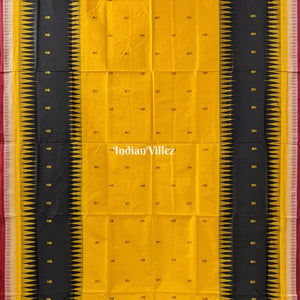 Yellow Black Fish Motif Sambalpuri Bomkai Silk Saree with Nartaki Anchal