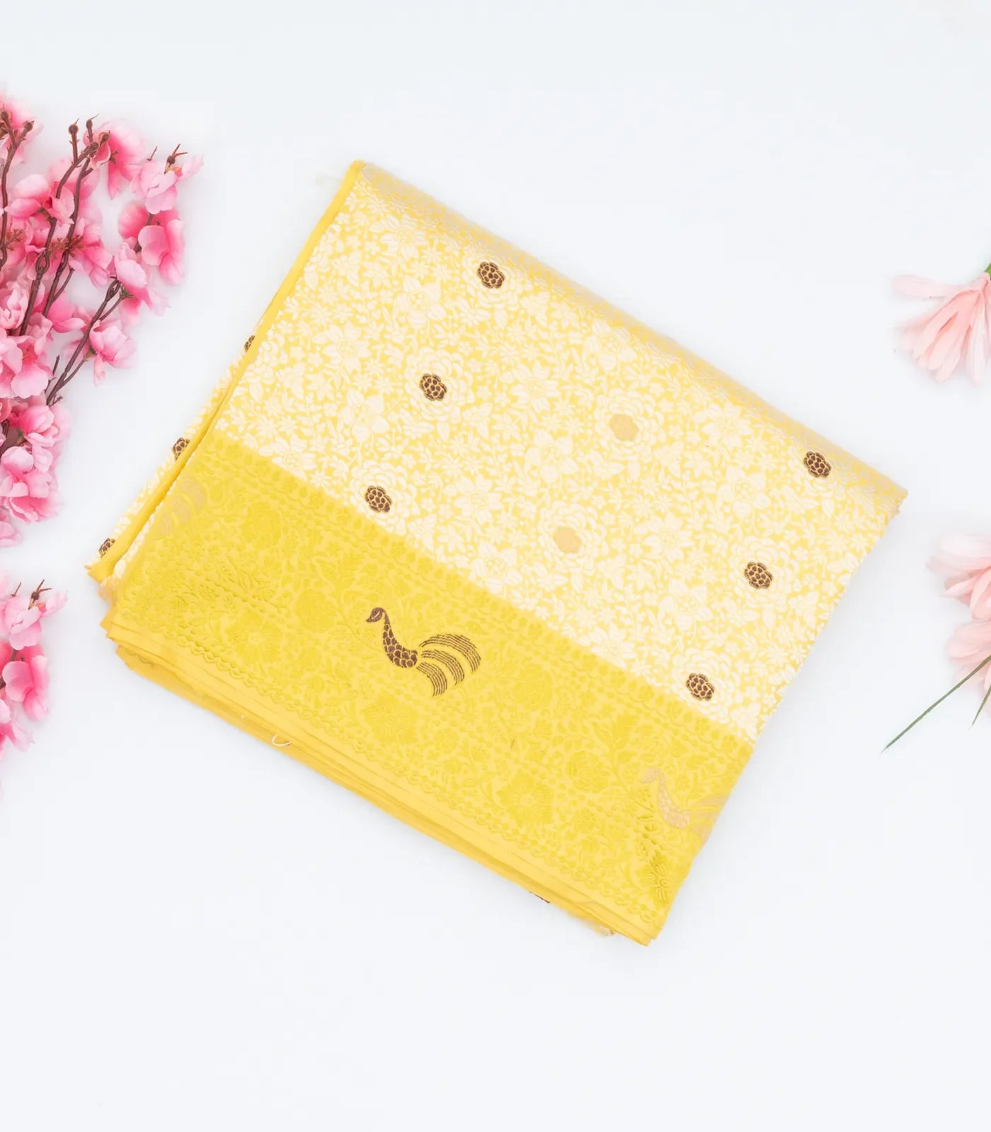 Yellow Handloom Banarasi Silk Saree With Meena Floral Motifs