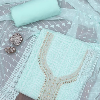 Blue material chudidhar set, embroidered georgette top, plain cotton bottom & embroidered scallop dupatta