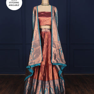 Purple jacquard design art-silk half-saree, contrast zari border, blouse & dhavani of intricate designs