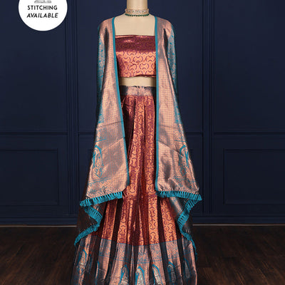 Purple jacquard design art-silk half-saree, contrast zari border, blouse & dhavani of intricate designs