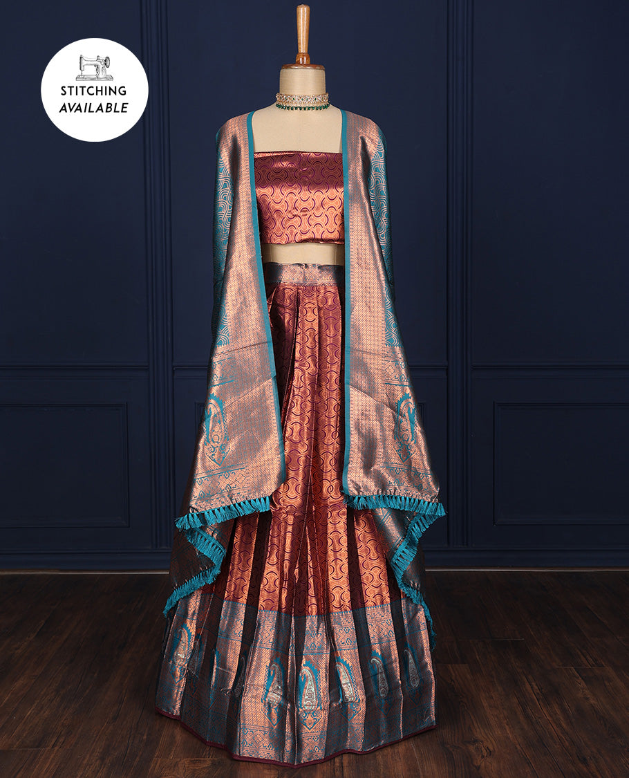 Purple jacquard design art-silk half-saree, contrast zari border, blouse & dhavani of intricate designs