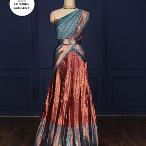 Purple jacquard design art-silk half-saree, contrast zari border, blouse & dhavani of intricate designs