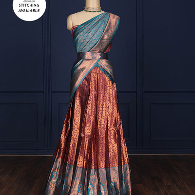 Purple jacquard design art-silk half-saree, contrast zari border, blouse & dhavani of intricate designs