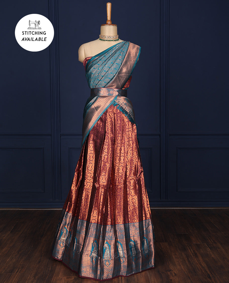 Purple jacquard design art-silk half-saree, contrast zari border, blouse & dhavani of intricate designs