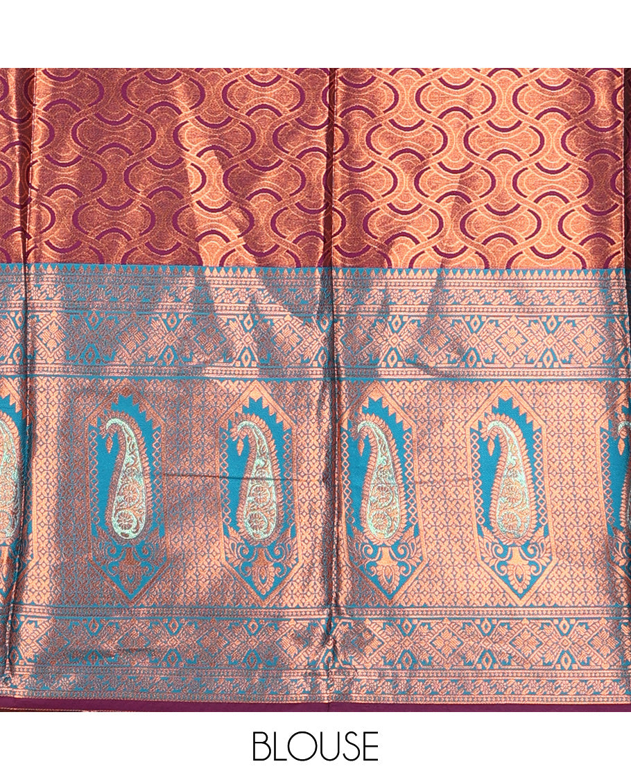 Purple jacquard design art-silk half-saree, contrast zari border, blouse & dhavani of intricate designs