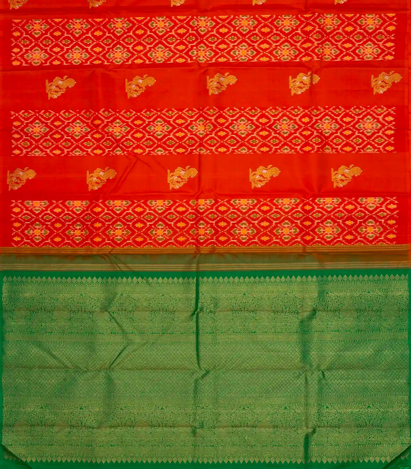 Red Handloom Kanchipuram Silk Saree With Ikat Floral Motifs