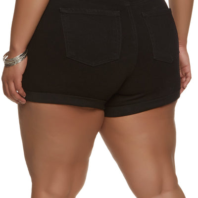 Plus Size WAX Cuffed High Waist Distressed Denim Shorts