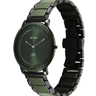 Titan Edge Melange Slim Steel & Ceramic Strap Green Dial Analog Watch For Men 41mm 1878KD05