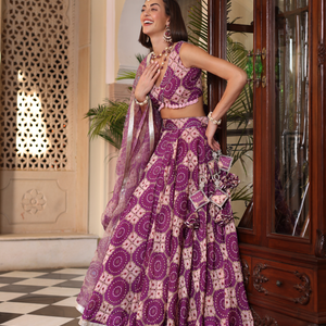 Lavender Printed Satin Lehenga Set