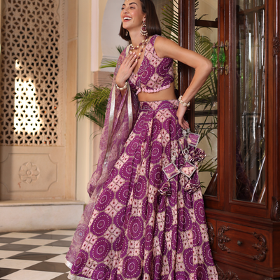 Lavender Printed Satin Lehenga Set