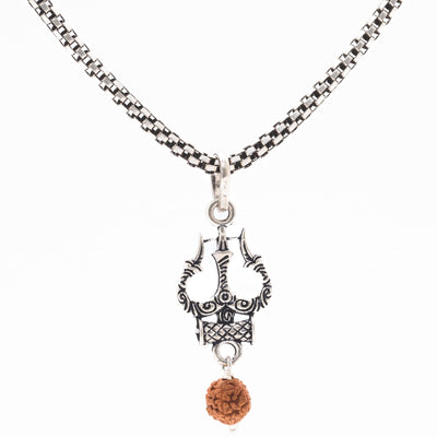 Rudraksha Silver with Trishul and Damru Chain with Pendant for Men