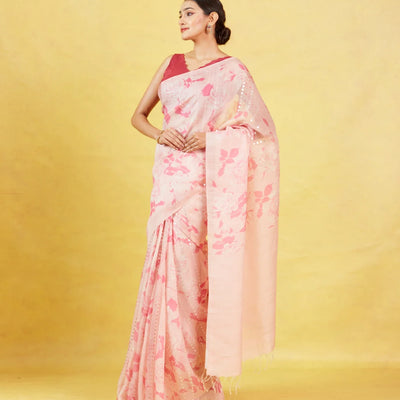 Baby Pink Handloom Tussar Silk Saree With Printed Floral Motifs