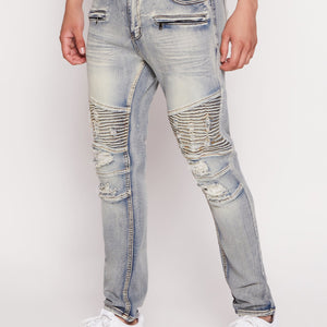 Mens Acid Wash Distressed Moto Skinny Jeans