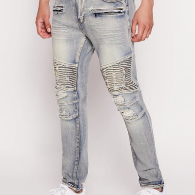Mens Acid Wash Distressed Moto Skinny Jeans