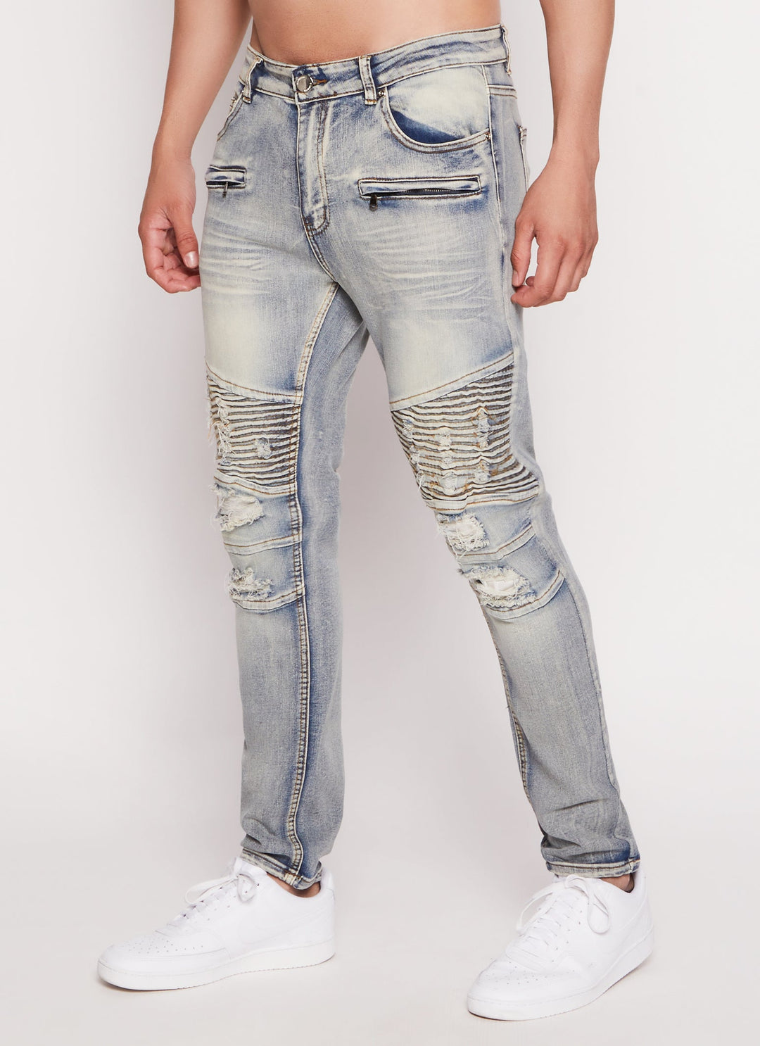 Mens Acid Wash Distressed Moto Skinny Jeans