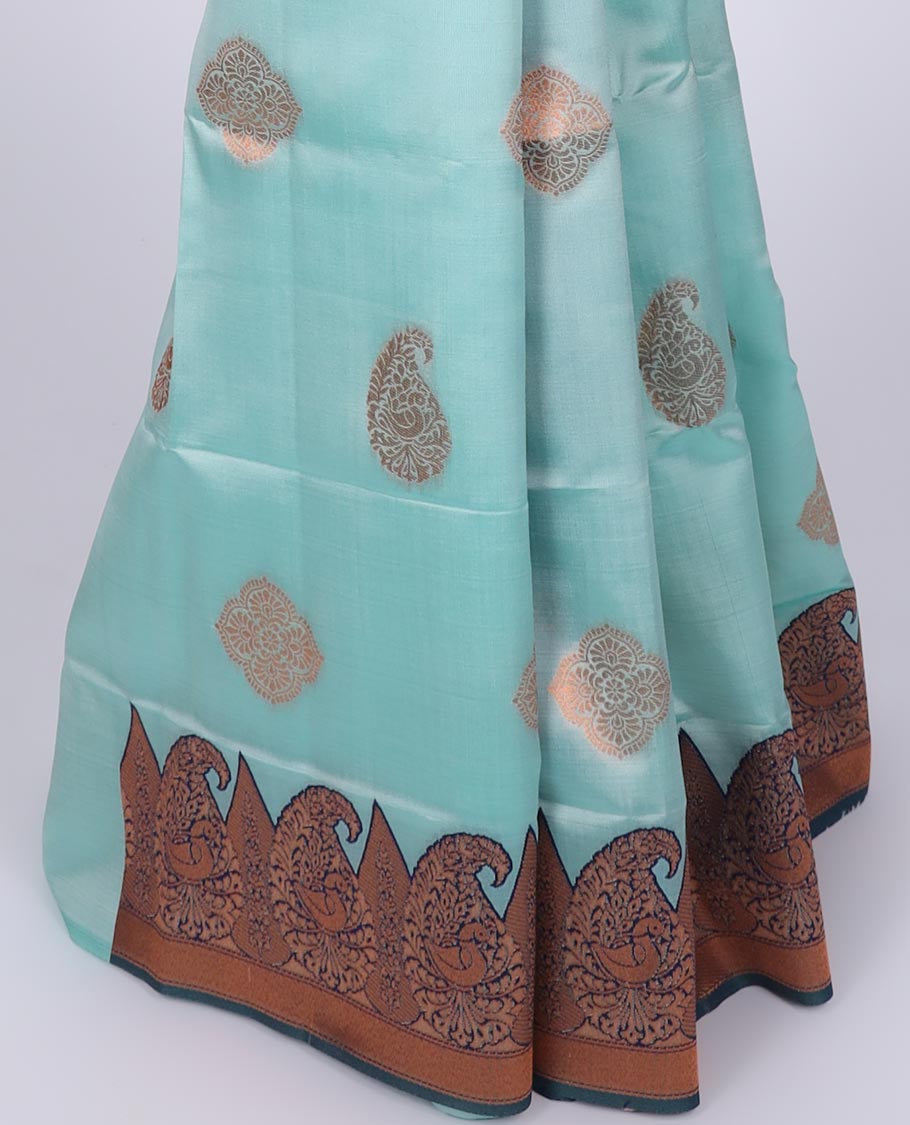 Pastel blue butter silk saree with zari buttas, contrast border of paisleys & peacock & ogee patterned pallu