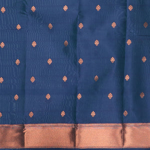 Pastel blue butter silk saree with zari buttas, contrast border of paisleys & peacock & ogee patterned pallu