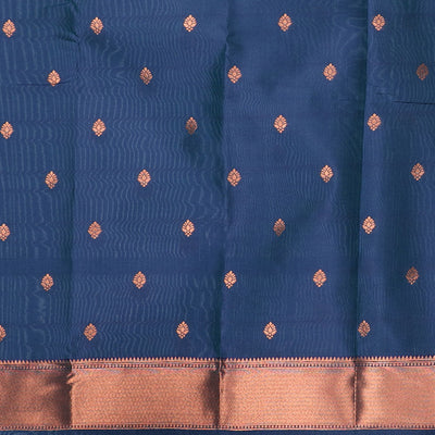 Pastel blue butter silk saree with zari buttas, contrast border of paisleys & peacock & ogee patterned pallu