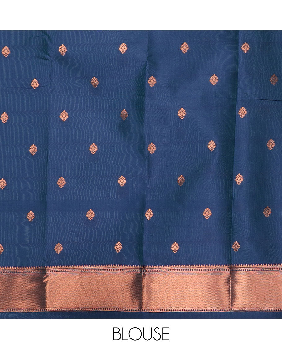 Pastel blue butter silk saree with zari buttas, contrast border of paisleys & peacock & ogee patterned pallu