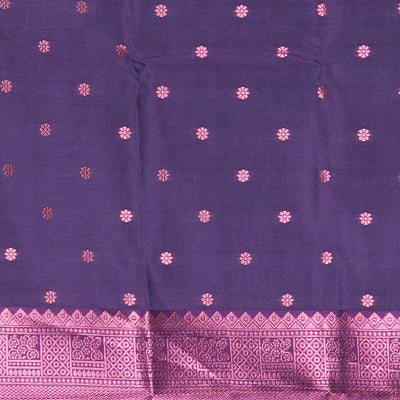 Celeste blue butter silk saree with floral buttas, contrast rose copper zari design border & intricate pallu