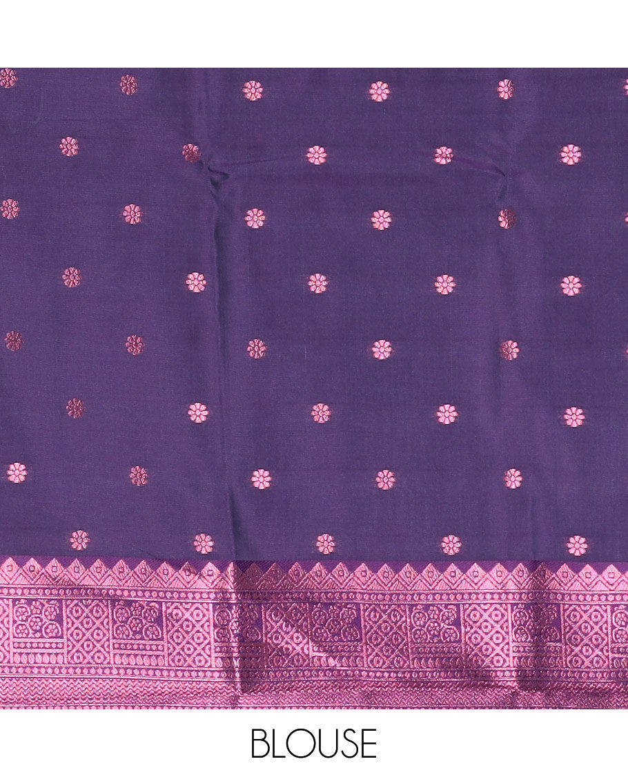 Celeste blue butter silk saree with floral buttas, contrast rose copper zari design border & intricate pallu