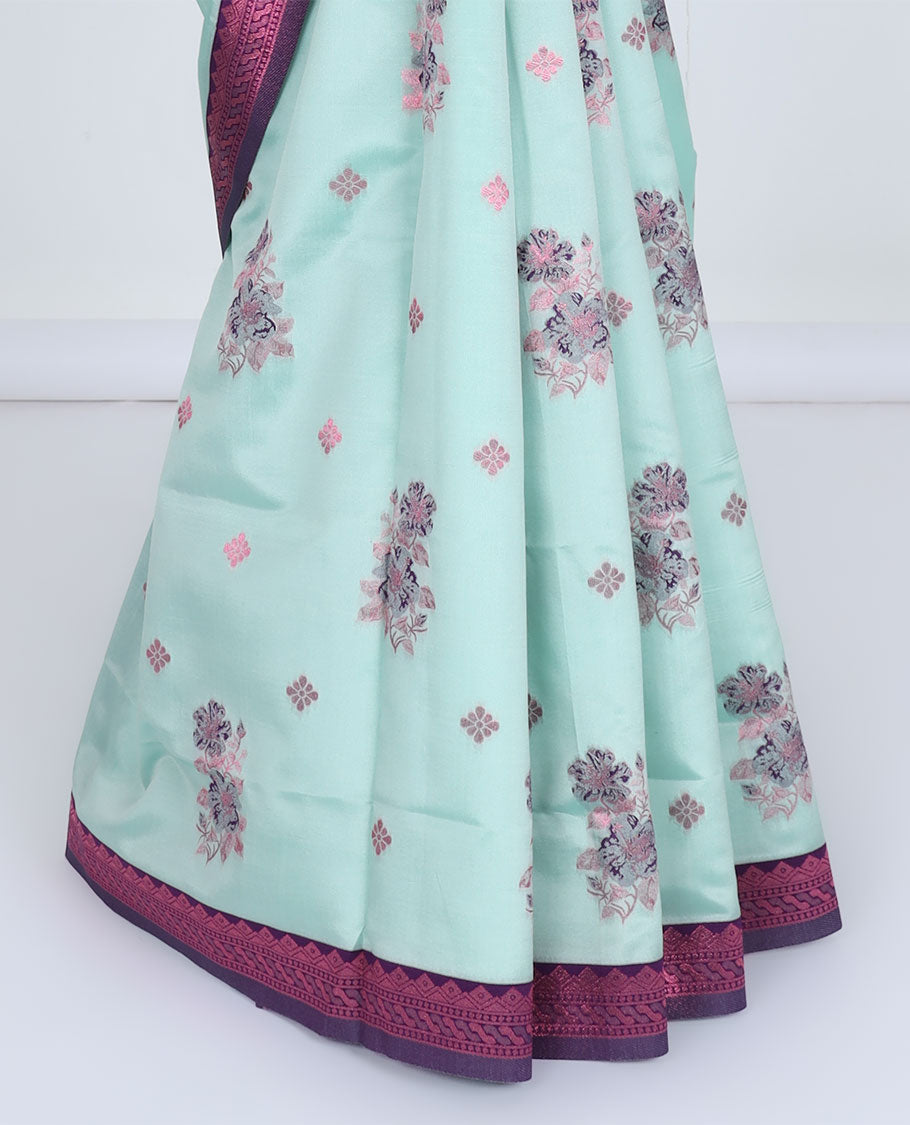 Celeste blue butter silk saree with floral buttas, contrast rose copper zari design border & intricate pallu