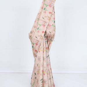 Borderless sandal printed kamala silk saree with floral motifs, contrast plain blouse
