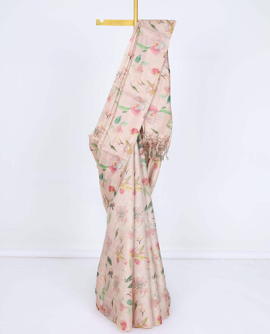 Borderless sandal printed kamala silk saree with floral motifs, contrast plain blouse