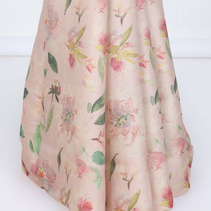 Borderless sandal printed kamala silk saree with floral motifs, contrast plain blouse