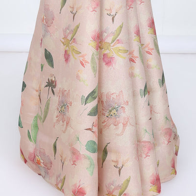 Borderless sandal printed kamala silk saree with floral motifs, contrast plain blouse