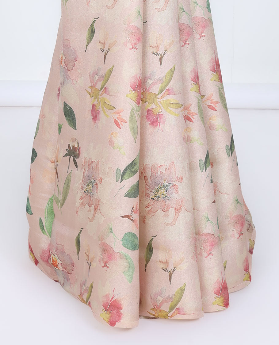 Borderless sandal printed kamala silk saree with floral motifs, contrast plain blouse