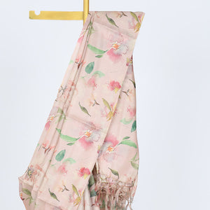 Borderless sandal printed kamala silk saree with floral motifs, contrast plain blouse