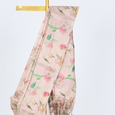 Borderless sandal printed kamala silk saree with floral motifs, contrast plain blouse