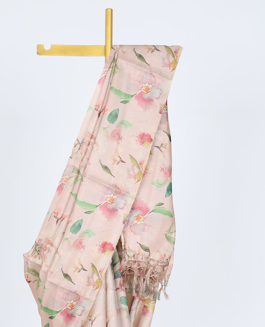 Borderless sandal printed kamala silk saree with floral motifs, contrast plain blouse